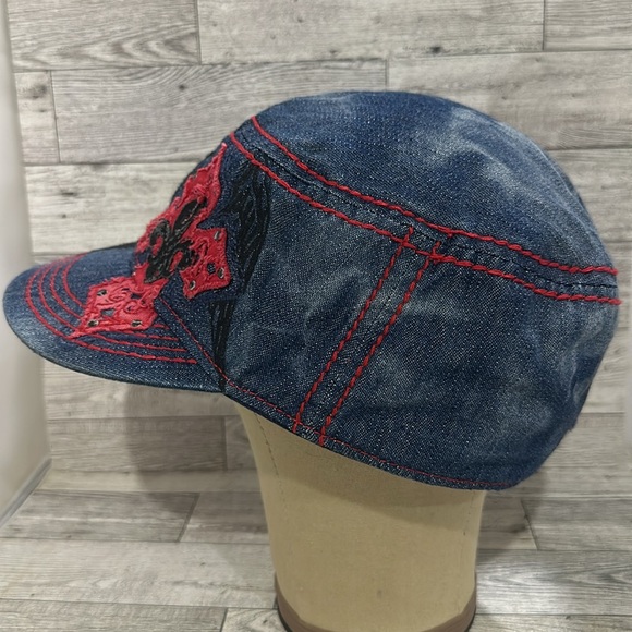 Blue denim cross embellished distress red stitch baseball cap hat - Picture 3 of 8